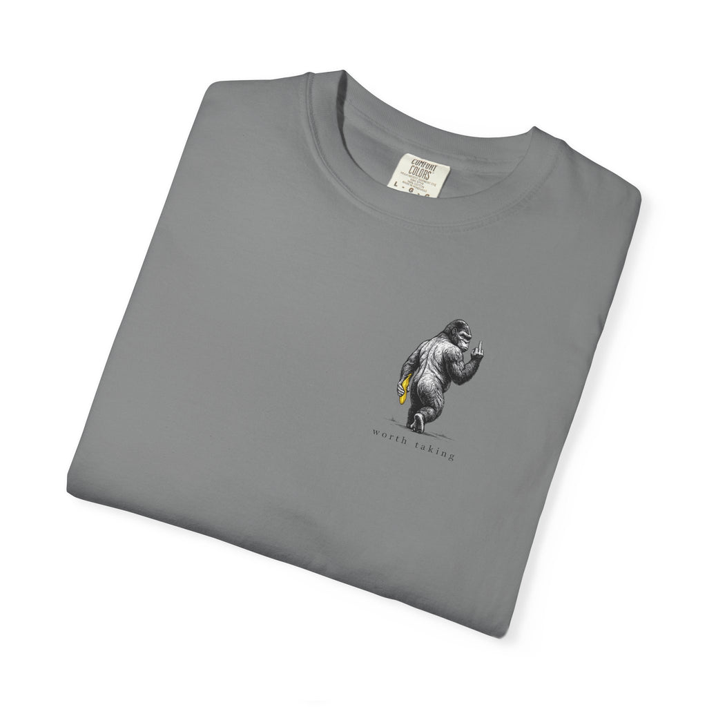 Gorilla 'Worth Taking' T-Shirt — Gorilla Walking Away Giving Middle Finger with Bananas