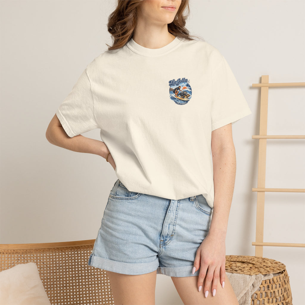 Man, Dog and Seal Catch A Wave — Vintage Surf Graphic Tee