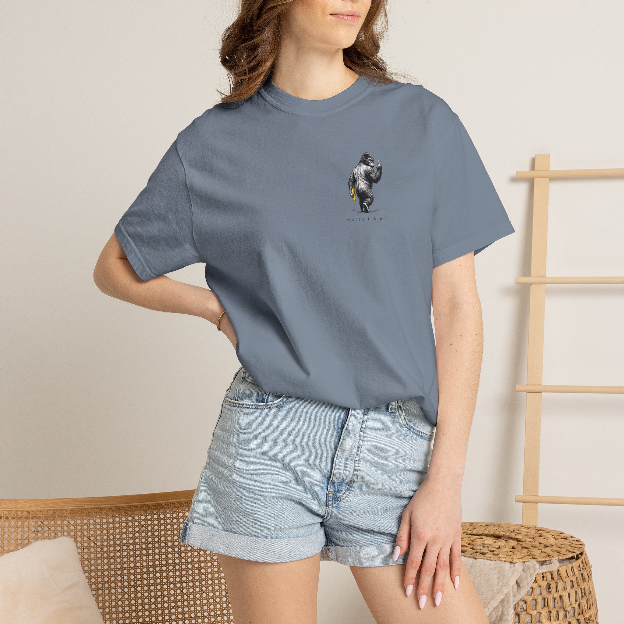 Gorilla 'Worth Taking' T-Shirt — Gorilla Walking Away Giving Middle Finger with Bananas