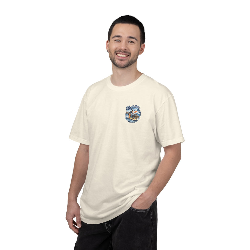 Man, Dog and Seal Catch A Wave — Vintage Surf Graphic Tee