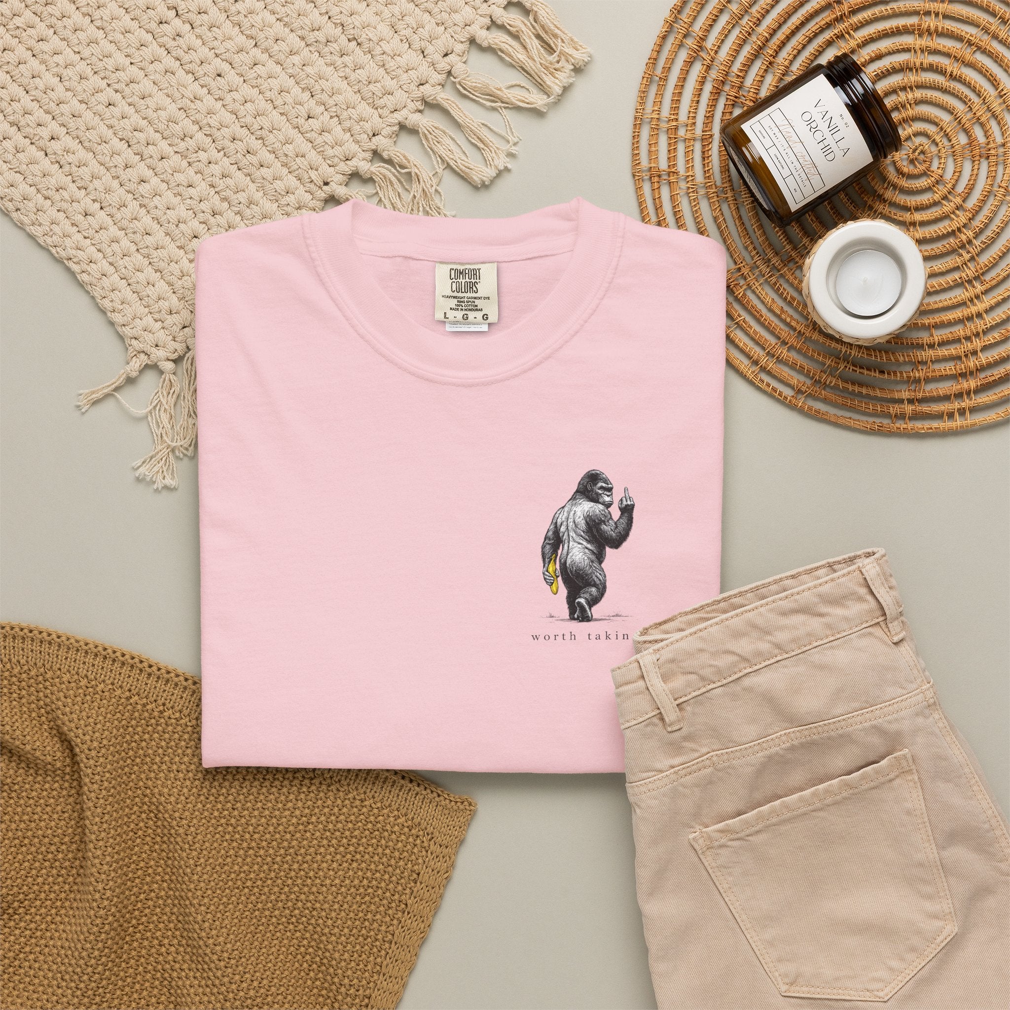Gorilla 'Worth Taking' T-Shirt — Gorilla Walking Away Giving Middle Finger with Bananas