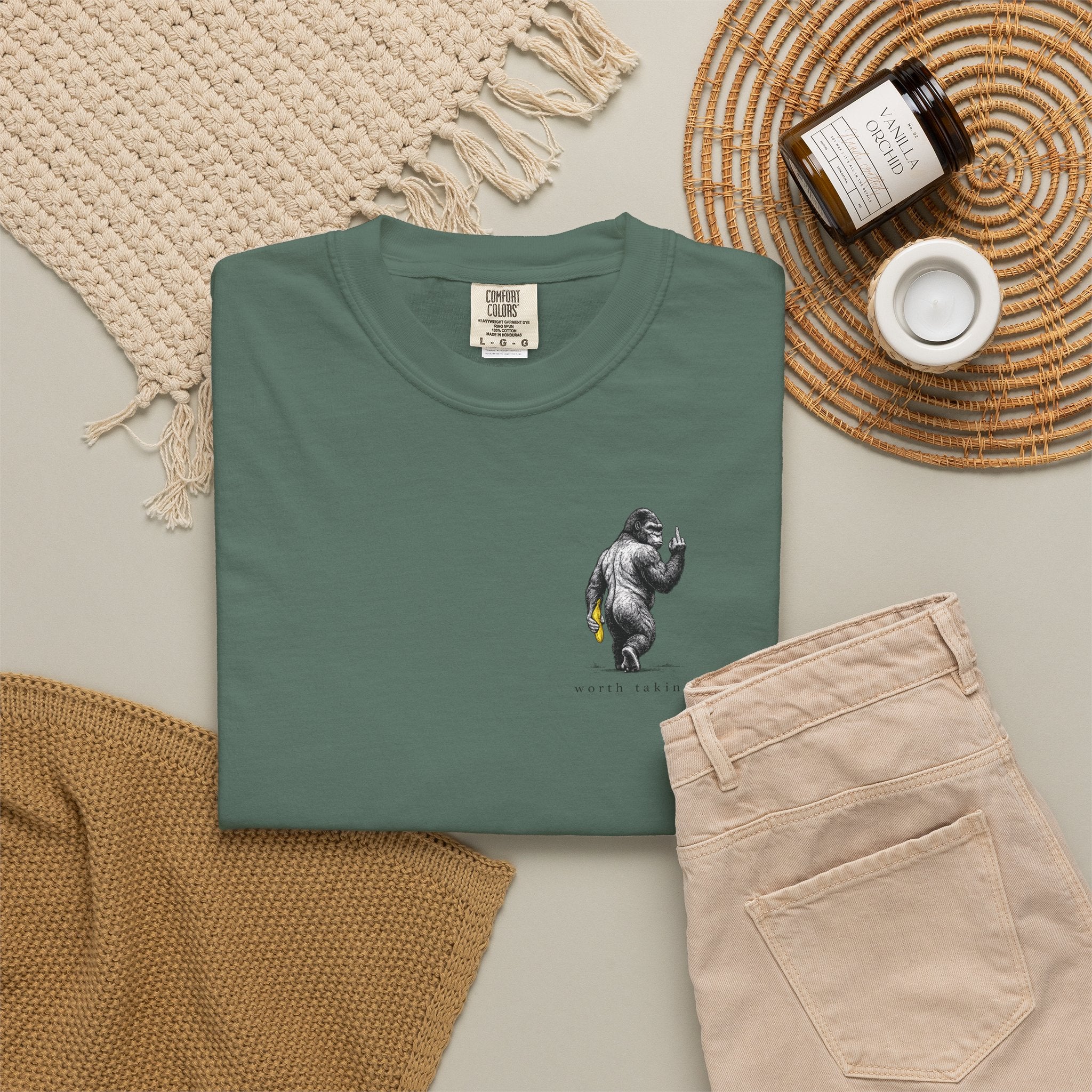 Gorilla 'Worth Taking' T-Shirt — Gorilla Walking Away Giving Middle Finger with Bananas
