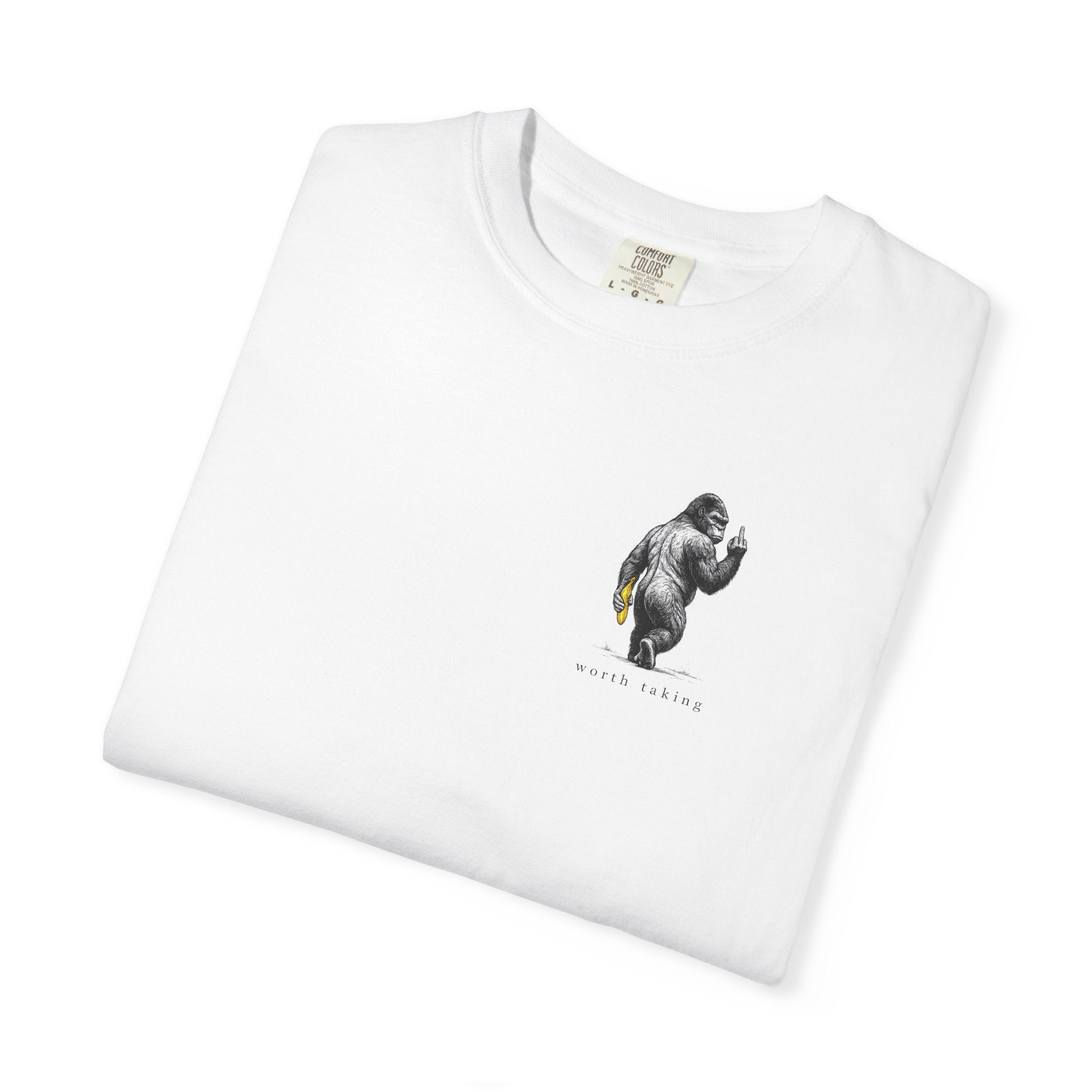 Gorilla 'Worth Taking' T-Shirt — Gorilla Walking Away Giving Middle Finger with Bananas