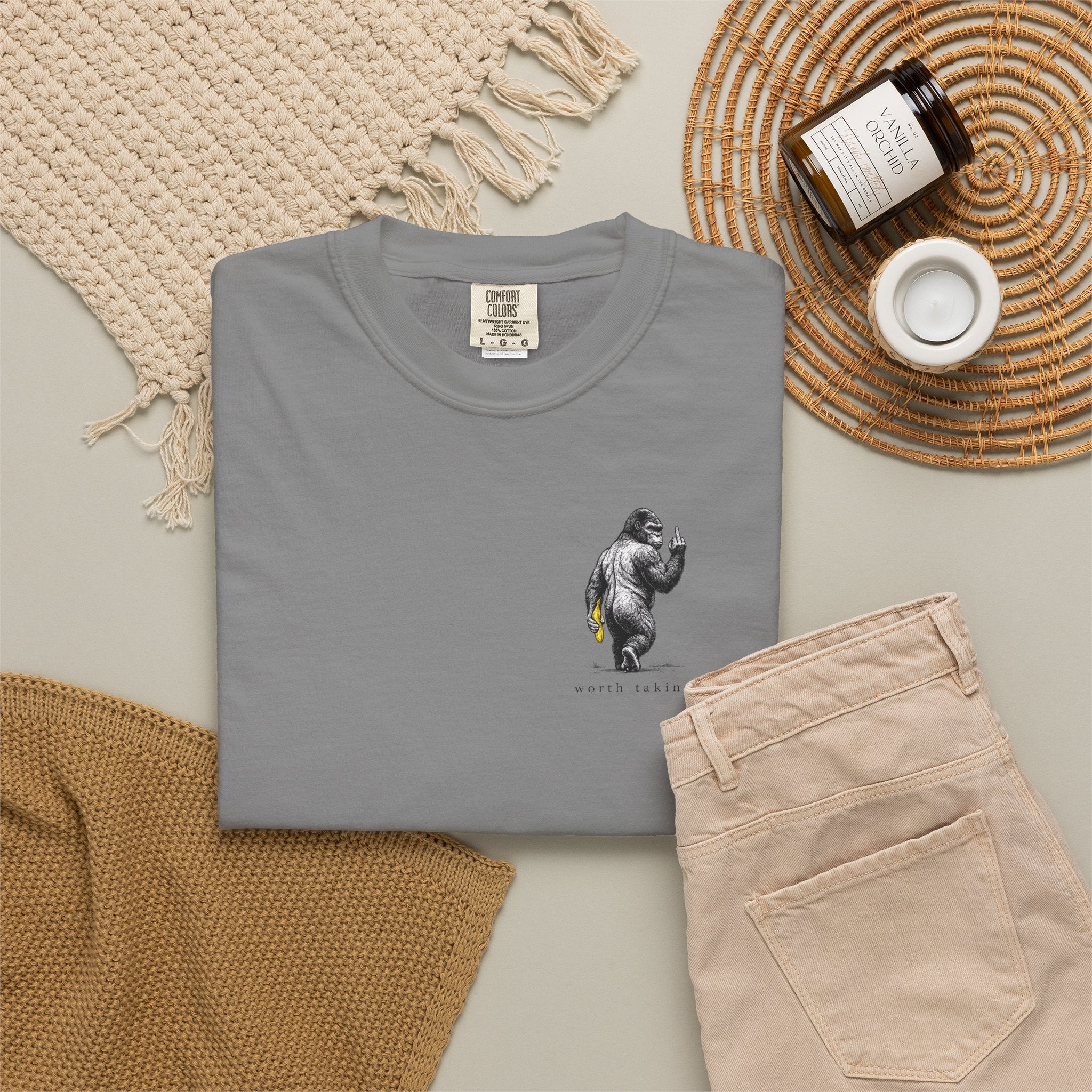 Gorilla 'Worth Taking' T-Shirt — Gorilla Walking Away Giving Middle Finger with Bananas