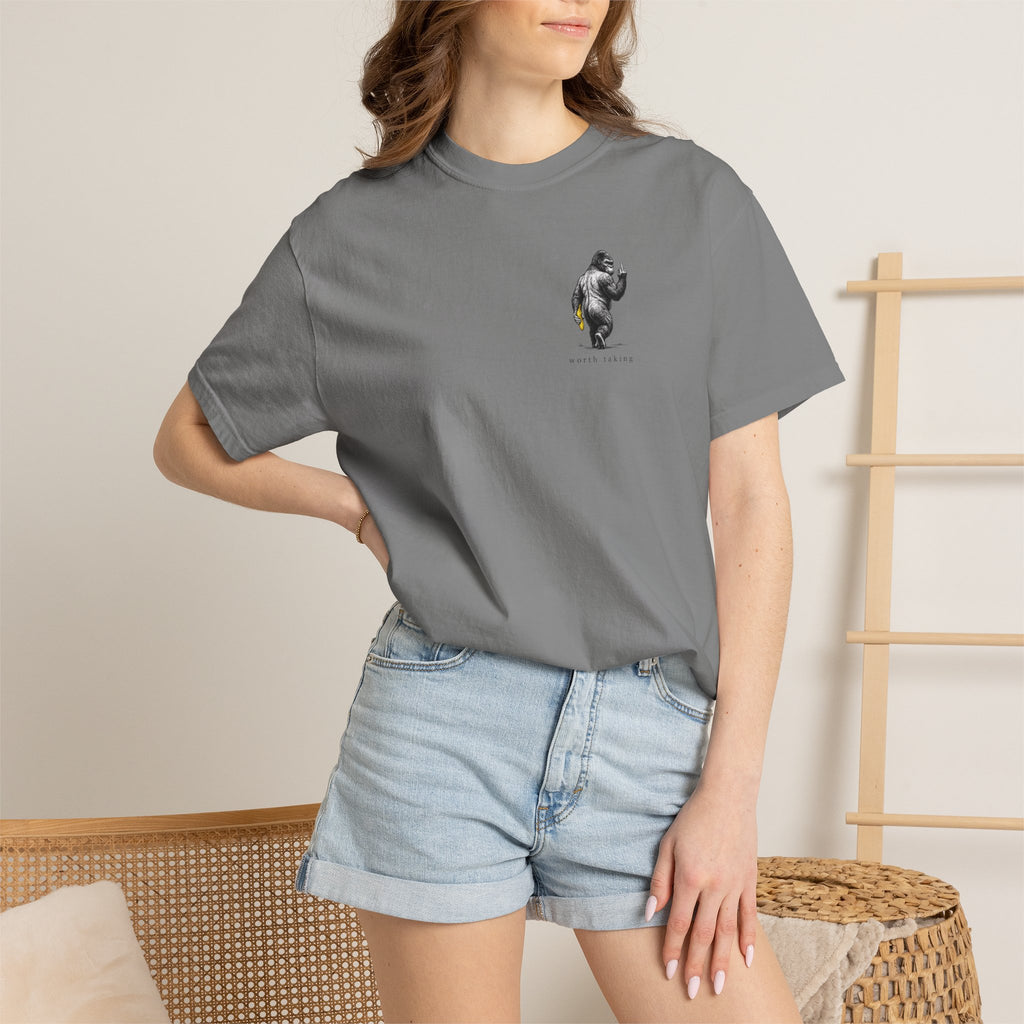 Gorilla 'Worth Taking' T-Shirt — Gorilla Walking Away Giving Middle Finger with Bananas