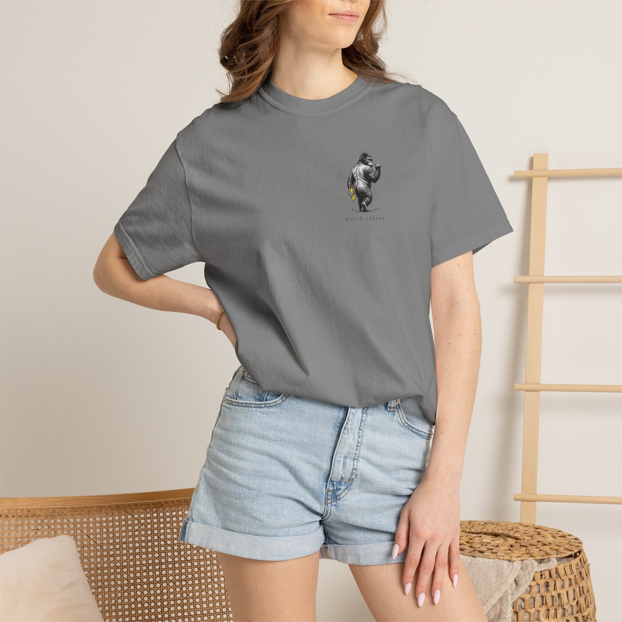Gorilla 'Worth Taking' T-Shirt — Gorilla Walking Away Giving Middle Finger with Bananas