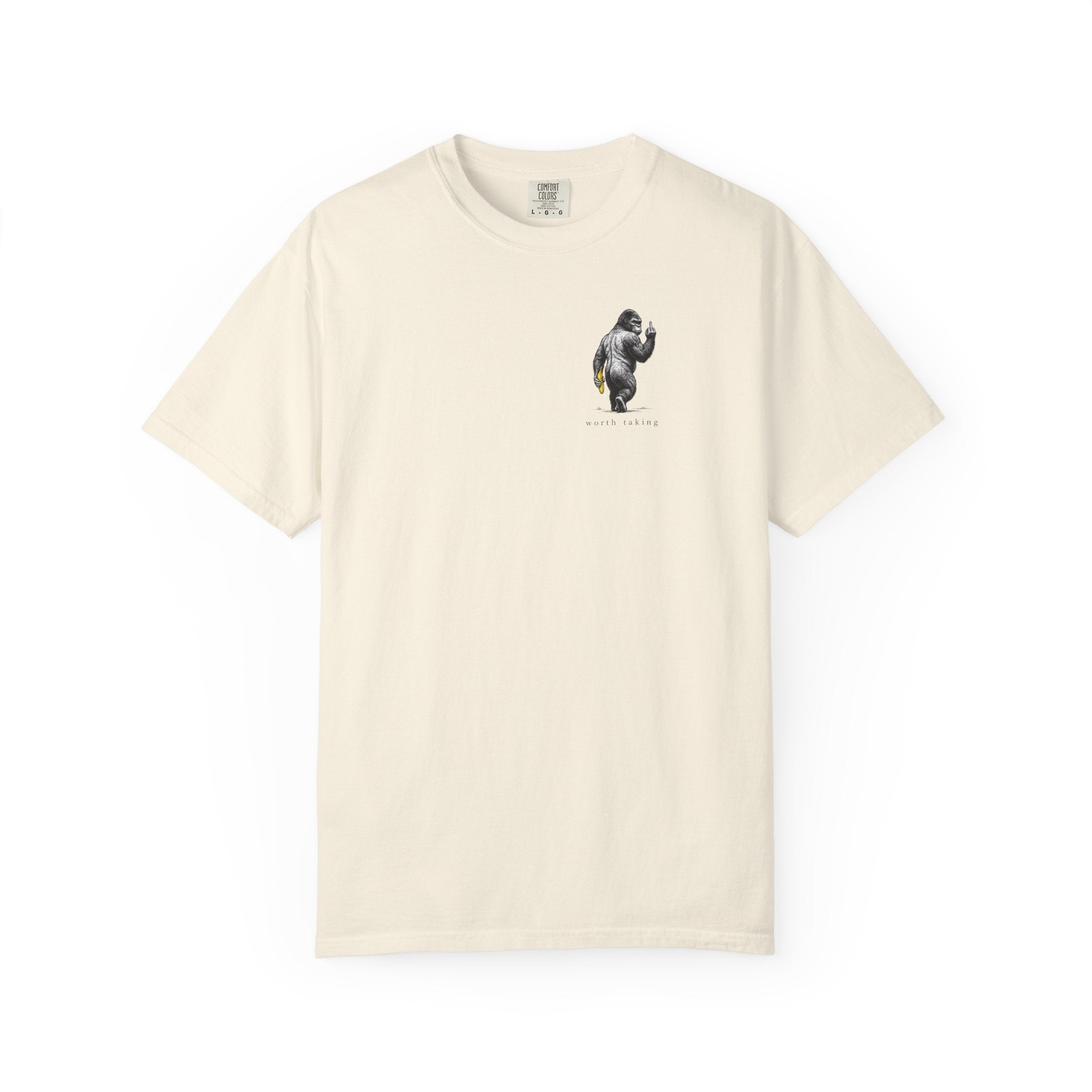 Gorilla 'Worth Taking' T-Shirt — Gorilla Walking Away Giving Middle Finger with Bananas
