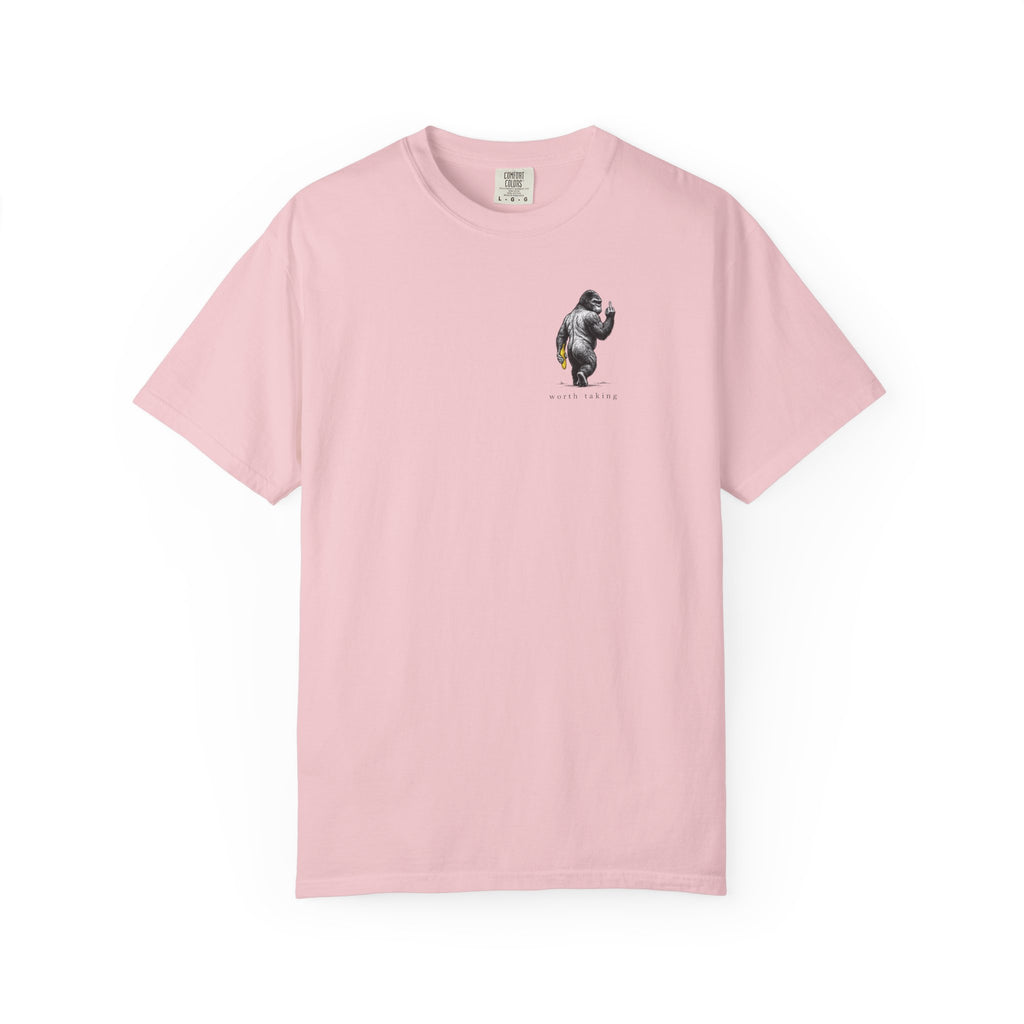 Gorilla 'Worth Taking' T-Shirt — Gorilla Walking Away Giving Middle Finger with Bananas
