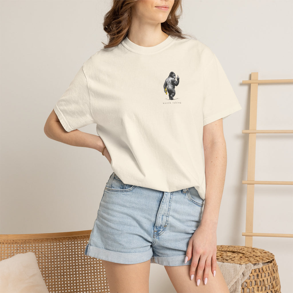 Gorilla 'Worth Taking' T-Shirt — Gorilla Walking Away Giving Middle Finger with Bananas