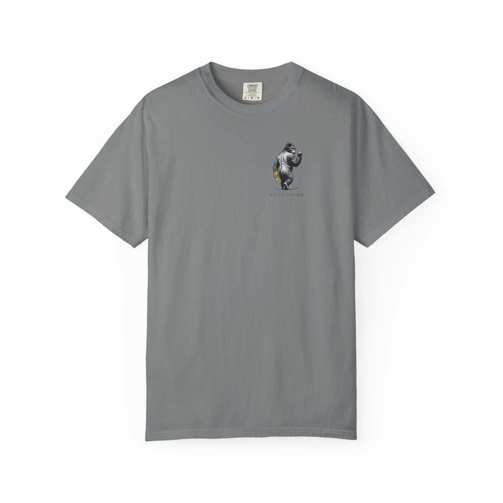 Gorilla 'Worth Taking' T-Shirt — Gorilla Walking Away Giving Middle Finger with Bananas