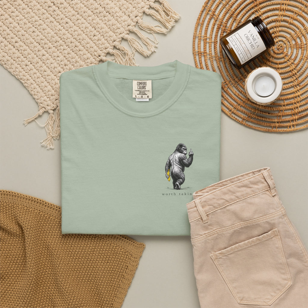 Gorilla 'Worth Taking' T-Shirt — Gorilla Walking Away Giving Middle Finger with Bananas
