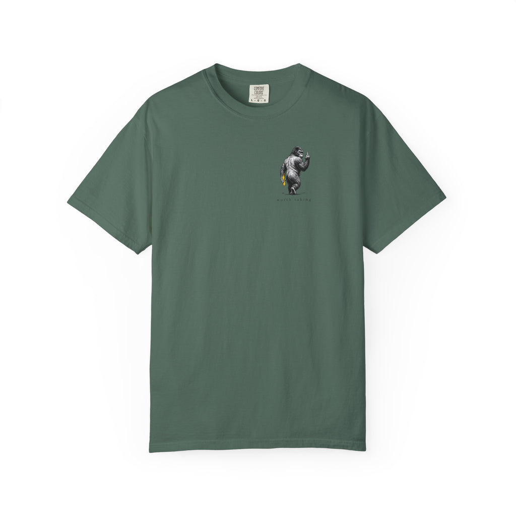Gorilla 'Worth Taking' T-Shirt — Gorilla Walking Away Giving Middle Finger with Bananas