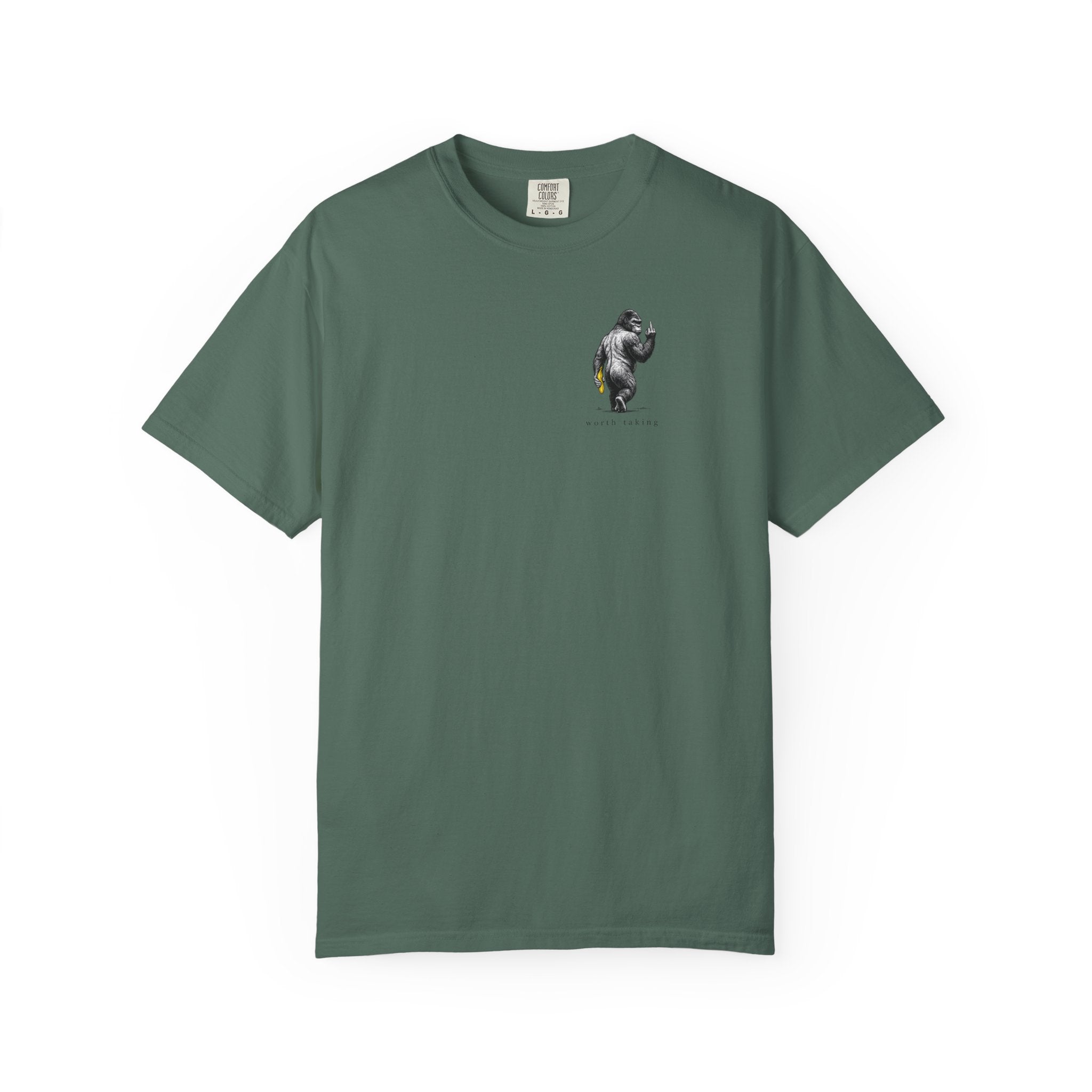 Gorilla 'Worth Taking' T-Shirt — Gorilla Walking Away Giving Middle Finger with Bananas
