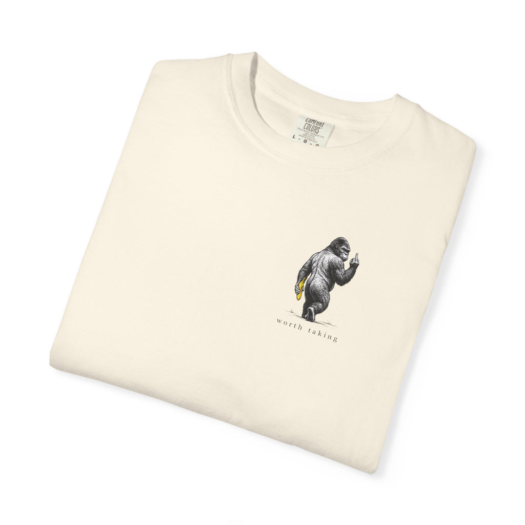Gorilla 'Worth Taking' T-Shirt — Gorilla Walking Away Giving Middle Finger with Bananas