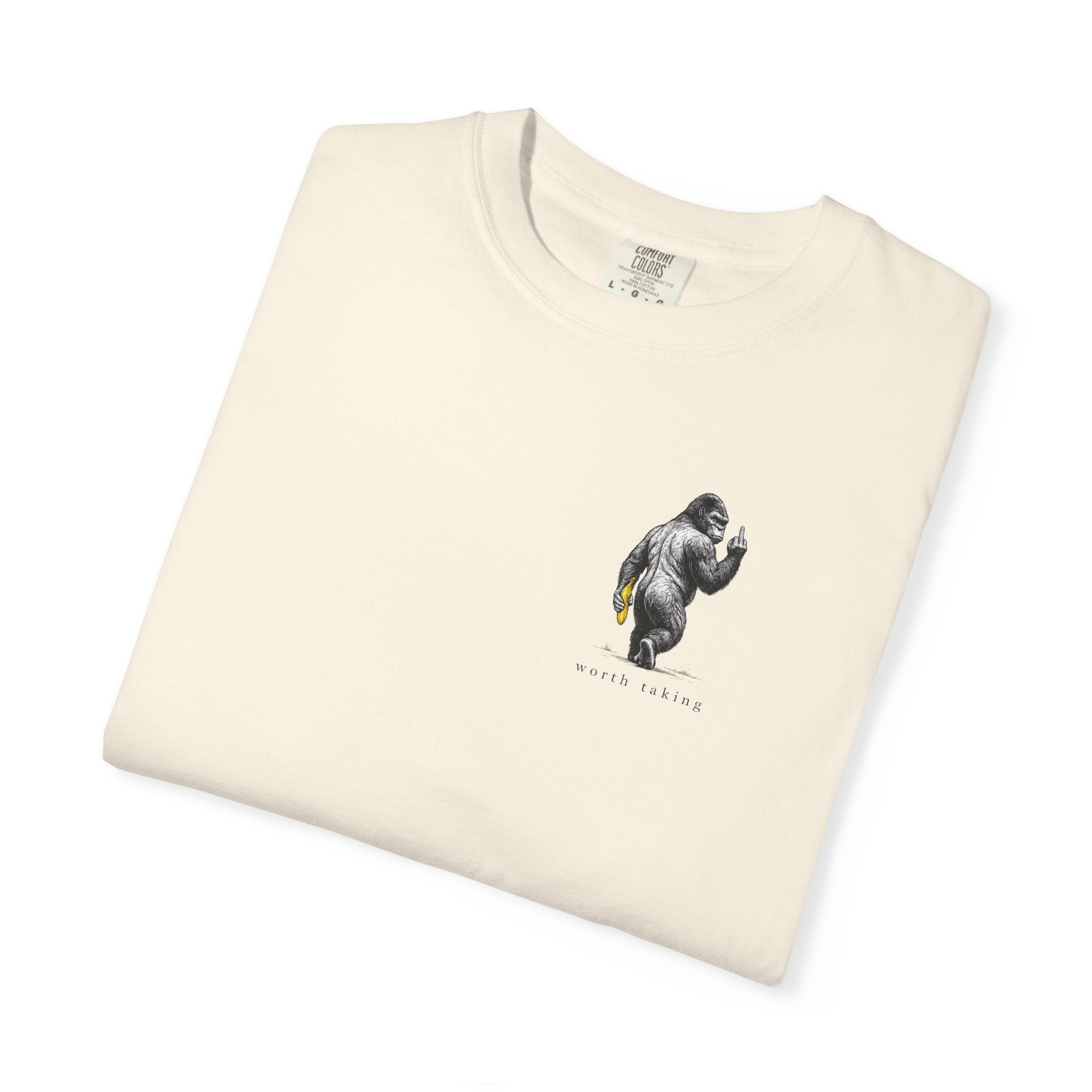Gorilla 'Worth Taking' T-Shirt — Gorilla Walking Away Giving Middle Finger with Bananas