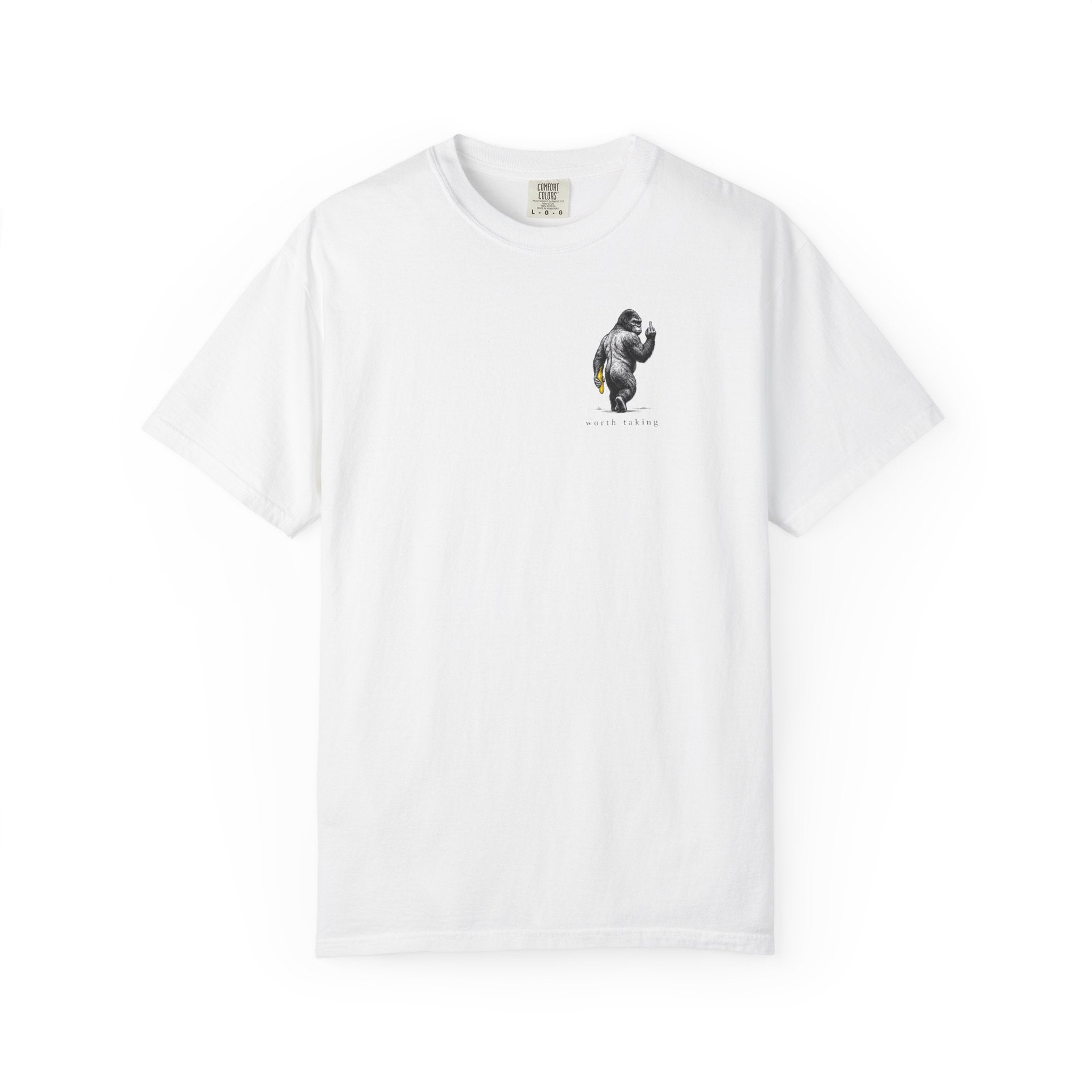 Gorilla 'Worth Taking' T-Shirt — Gorilla Walking Away Giving Middle Finger with Bananas