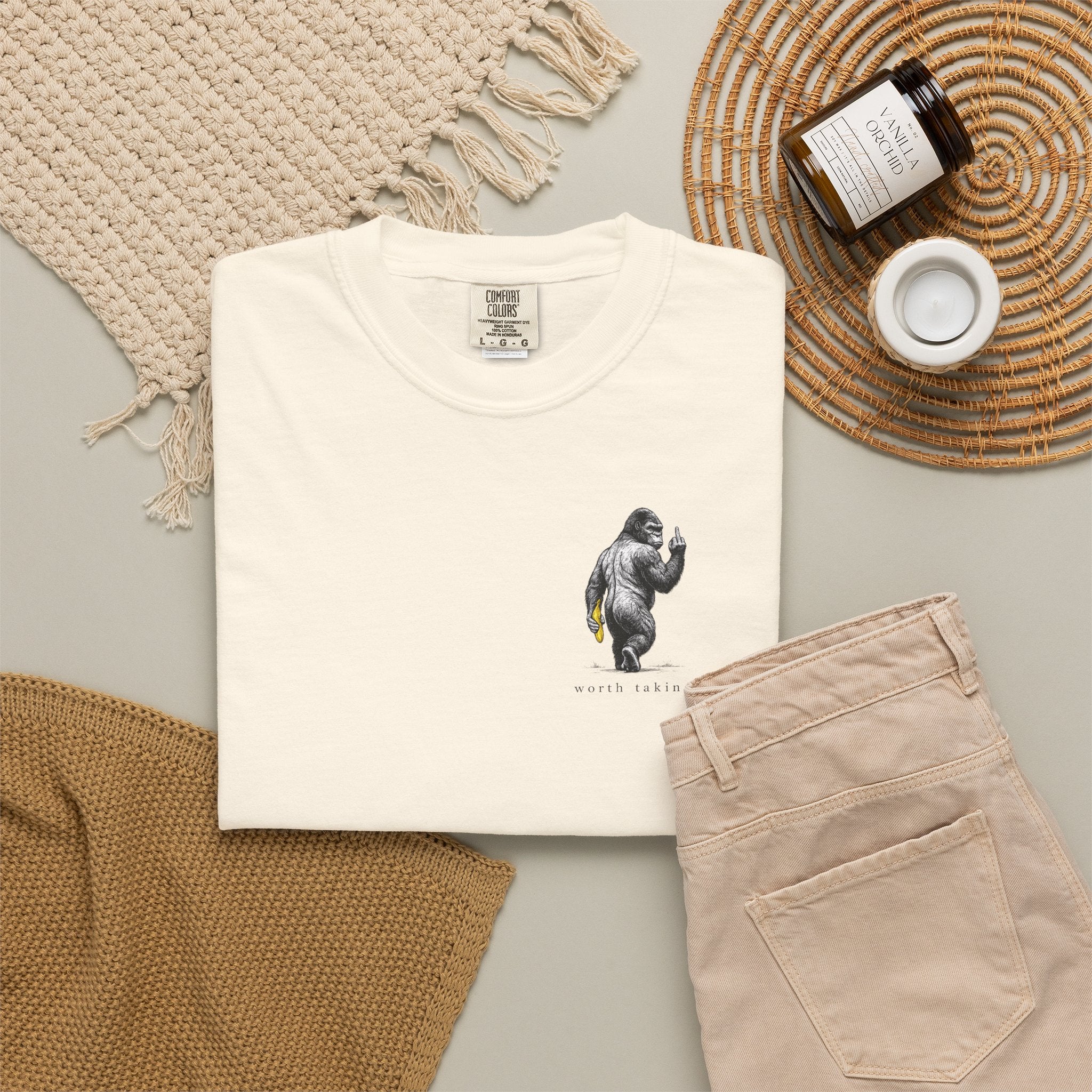 Gorilla 'Worth Taking' T-Shirt — Gorilla Walking Away Giving Middle Finger with Bananas
