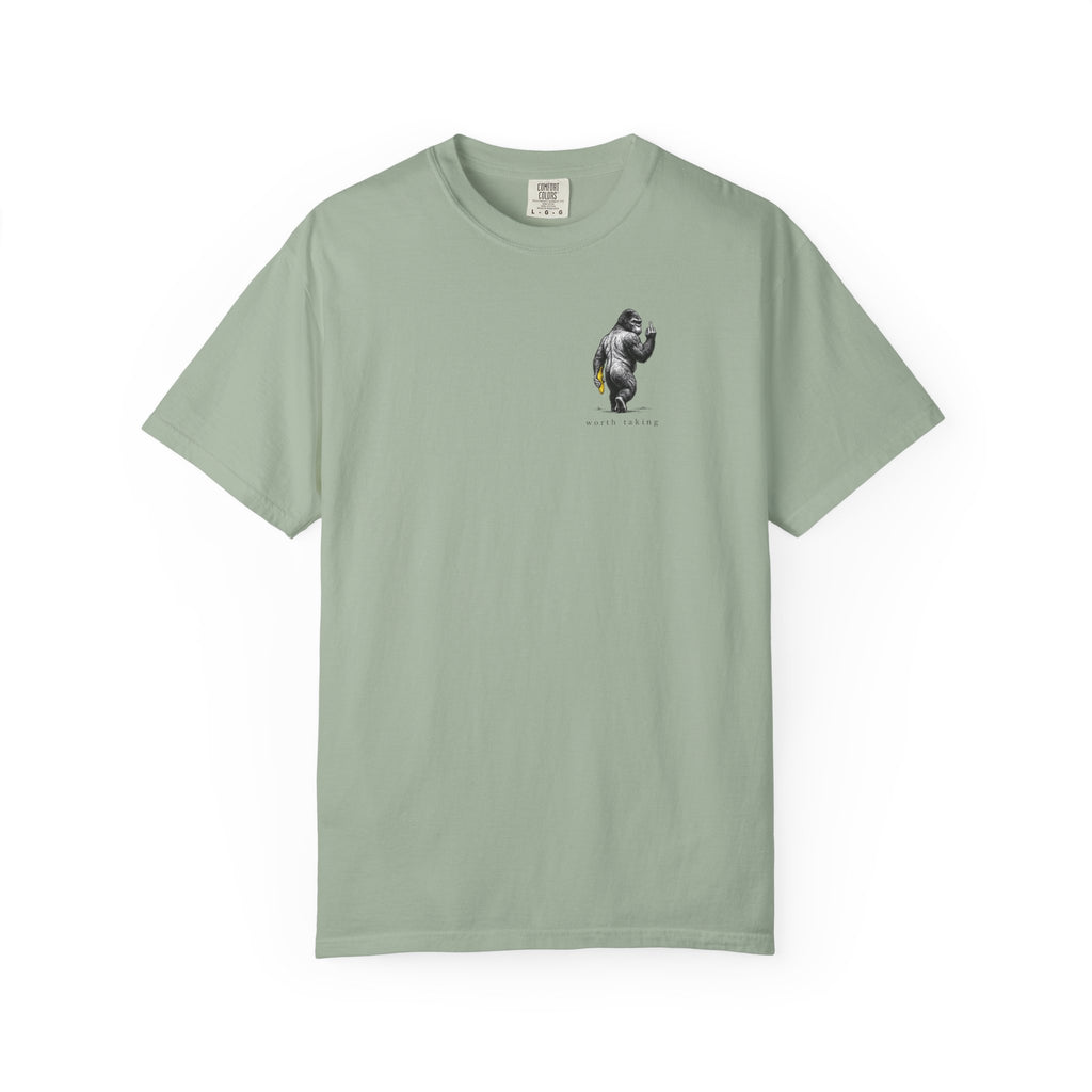 Gorilla 'Worth Taking' T-Shirt — Gorilla Walking Away Giving Middle Finger with Bananas