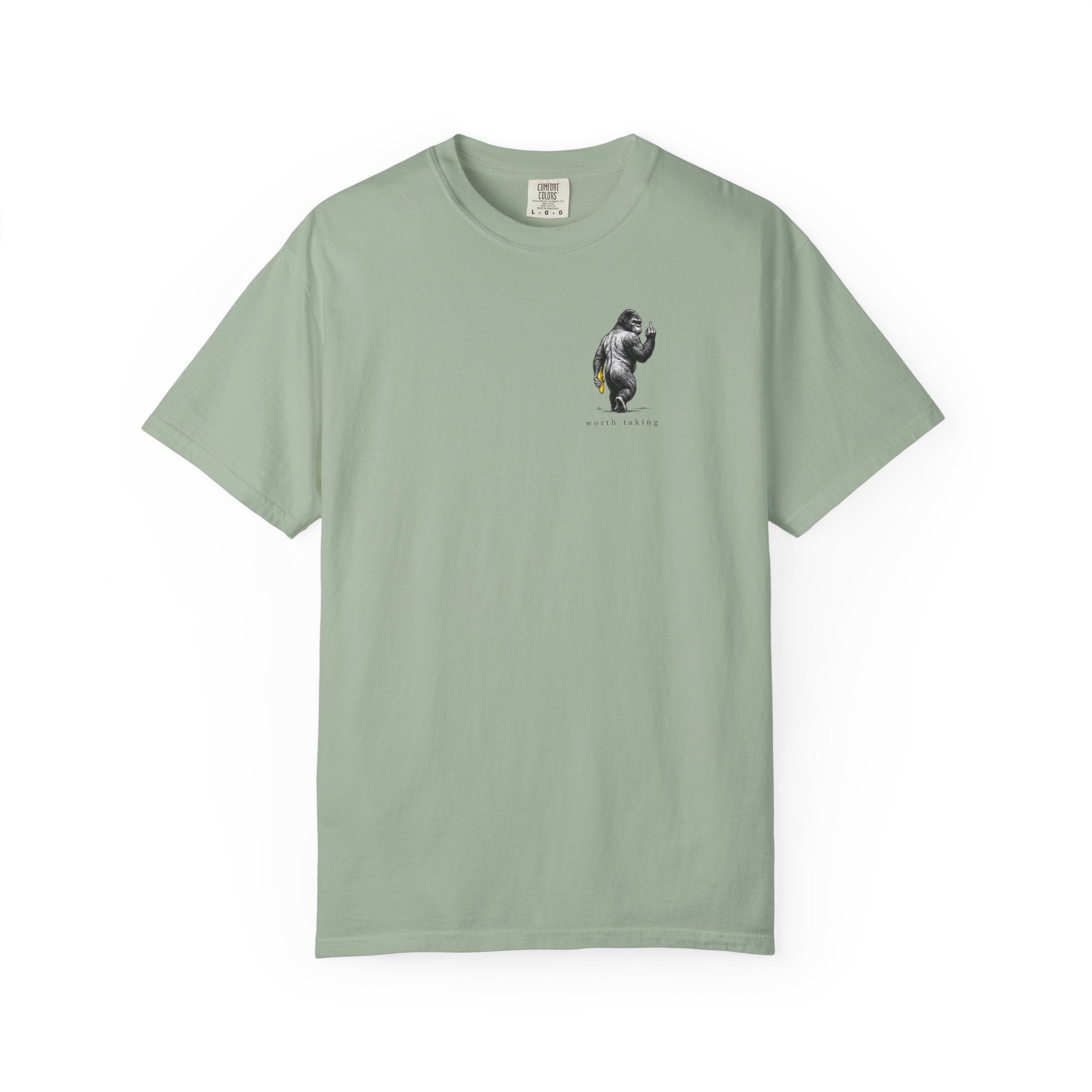 Gorilla 'Worth Taking' T-Shirt — Gorilla Walking Away Giving Middle Finger with Bananas