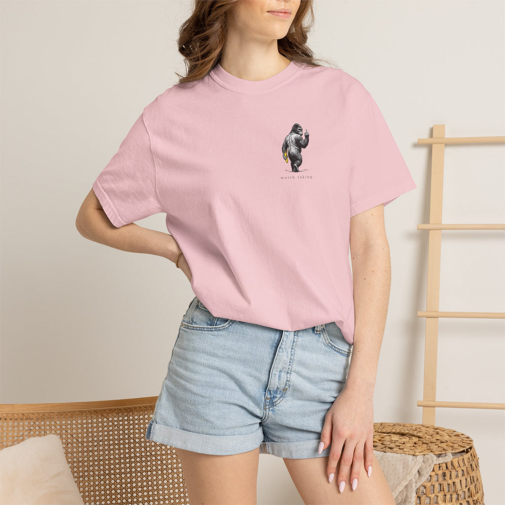 Gorilla 'Worth Taking' T-Shirt — Gorilla Walking Away Giving Middle Finger with Bananas