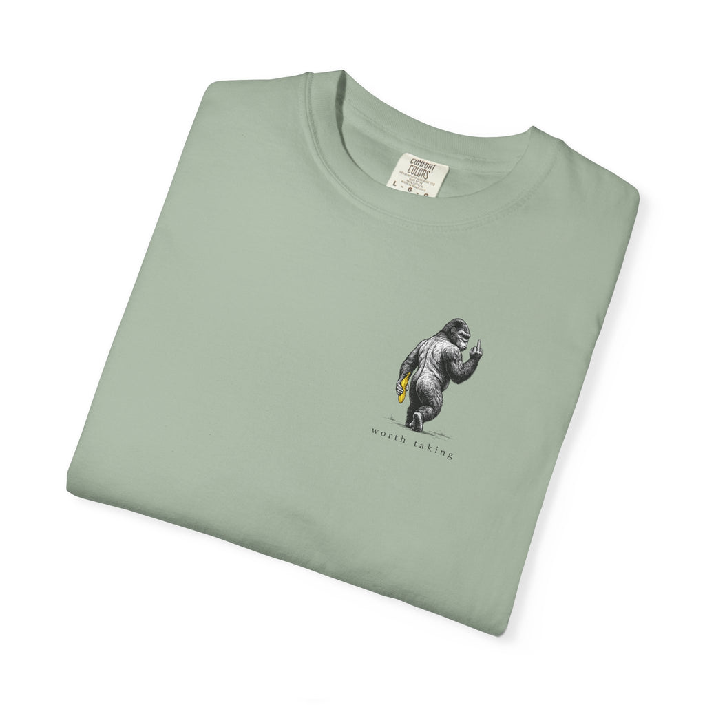 Gorilla 'Worth Taking' T-Shirt — Gorilla Walking Away Giving Middle Finger with Bananas