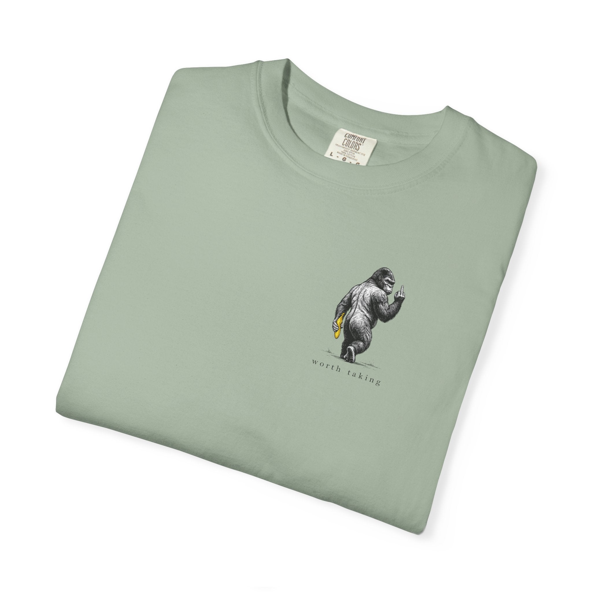 Gorilla 'Worth Taking' T-Shirt — Gorilla Walking Away Giving Middle Finger with Bananas