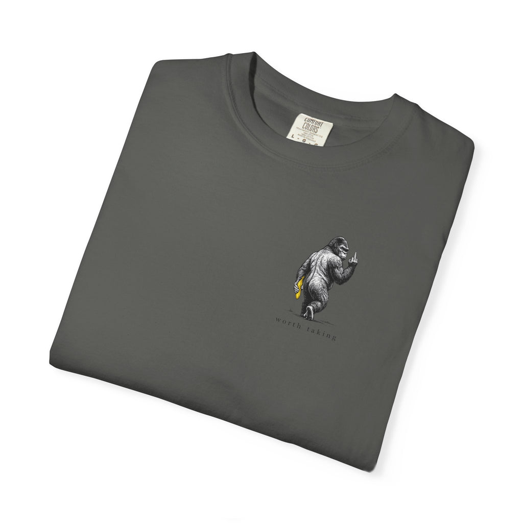 Gorilla 'Worth Taking' T-Shirt — Gorilla Walking Away Giving Middle Finger with Bananas