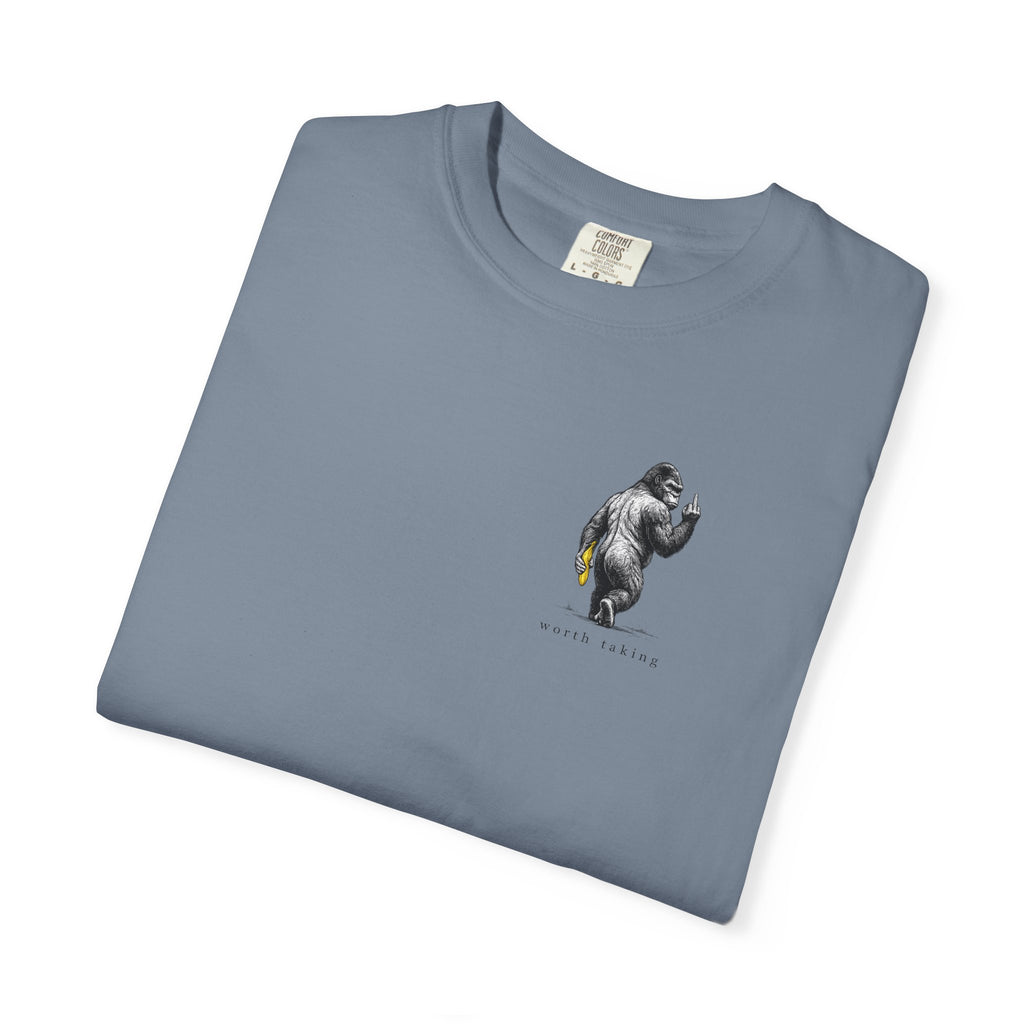 Gorilla 'Worth Taking' T-Shirt — Gorilla Walking Away Giving Middle Finger with Bananas