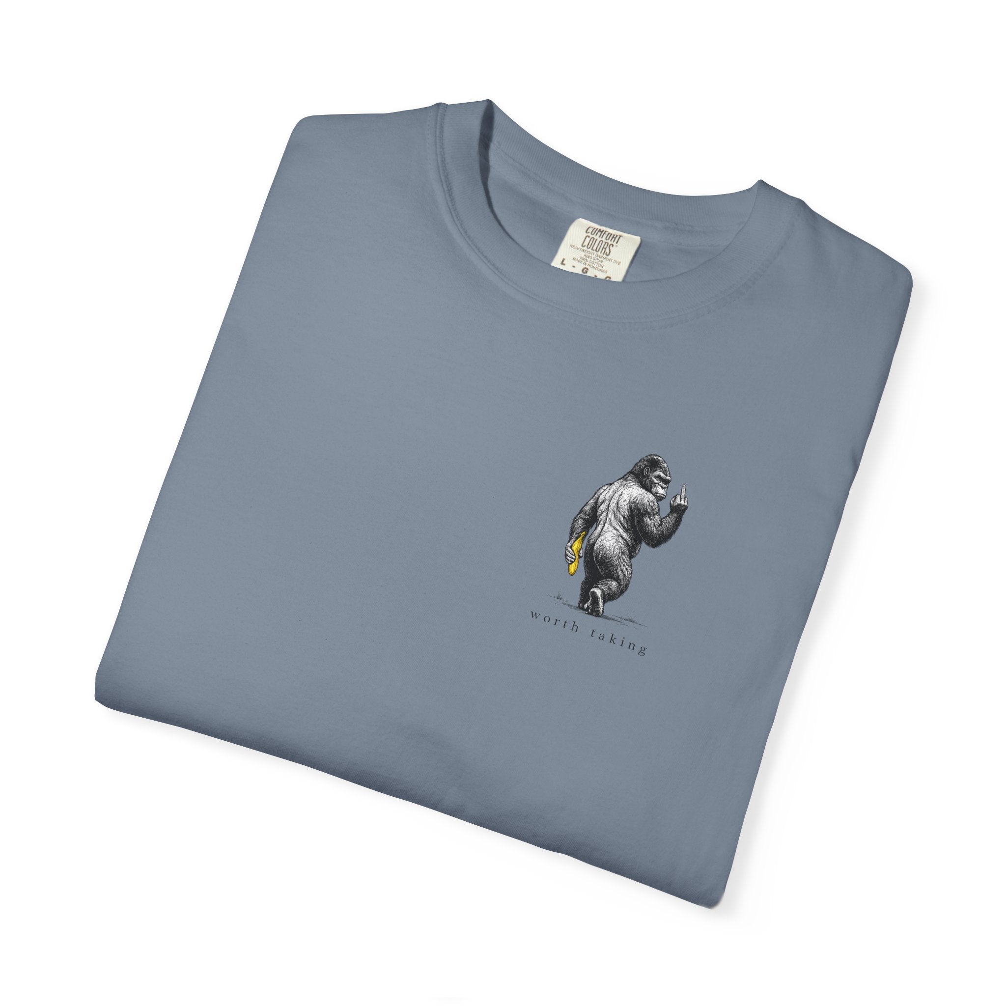 Gorilla 'Worth Taking' T-Shirt — Gorilla Walking Away Giving Middle Finger with Bananas