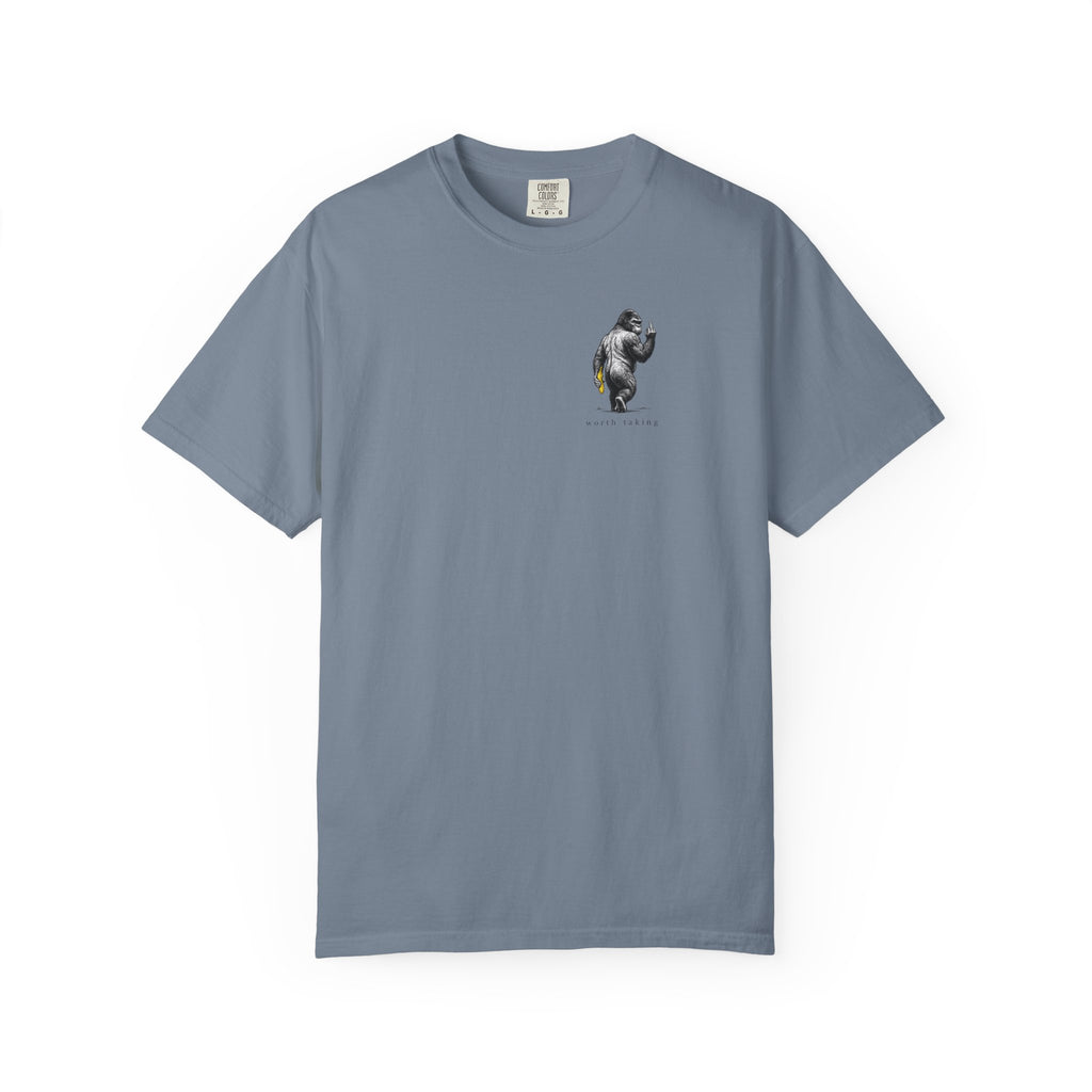 Gorilla 'Worth Taking' T-Shirt — Gorilla Walking Away Giving Middle Finger with Bananas
