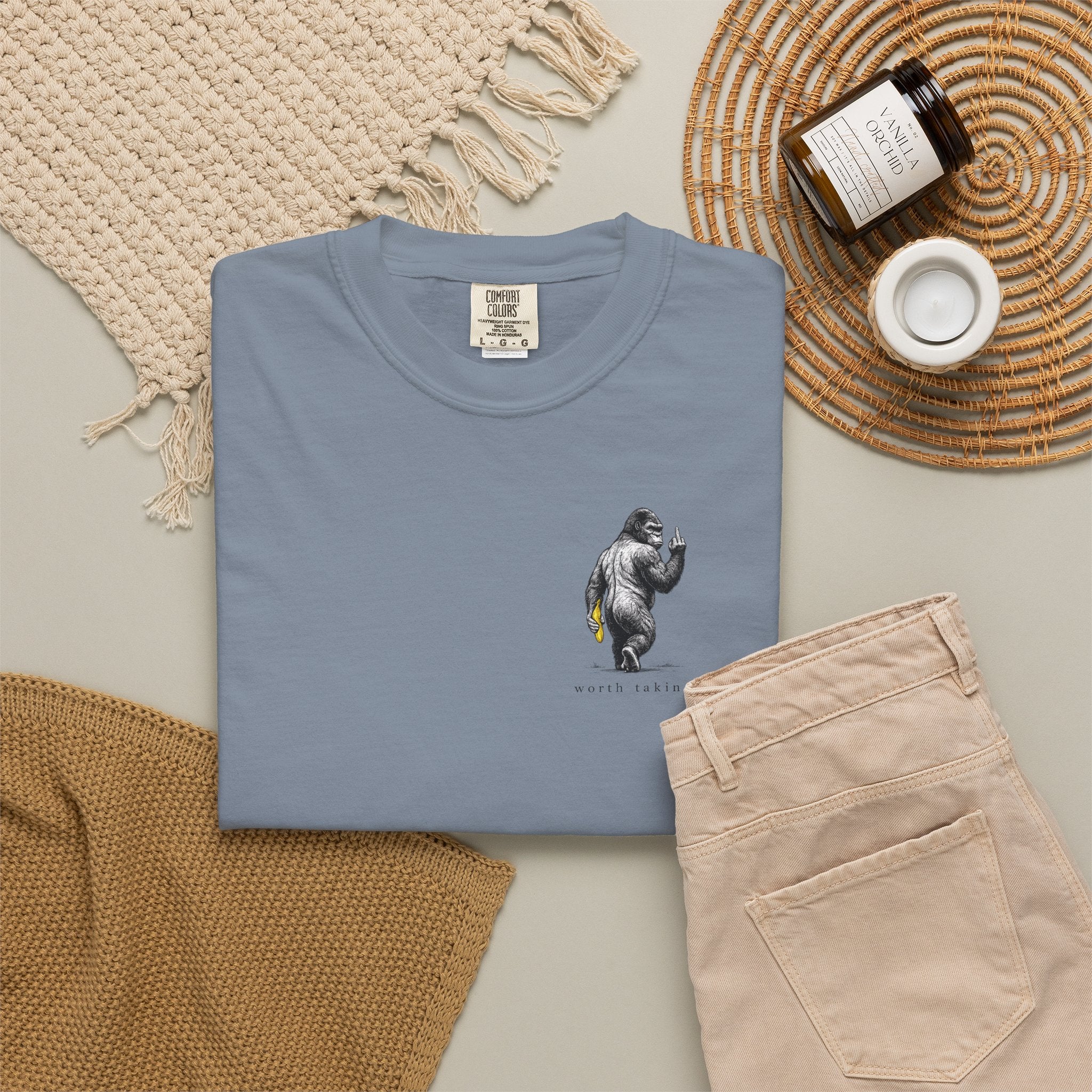 Gorilla 'Worth Taking' T-Shirt — Gorilla Walking Away Giving Middle Finger with Bananas