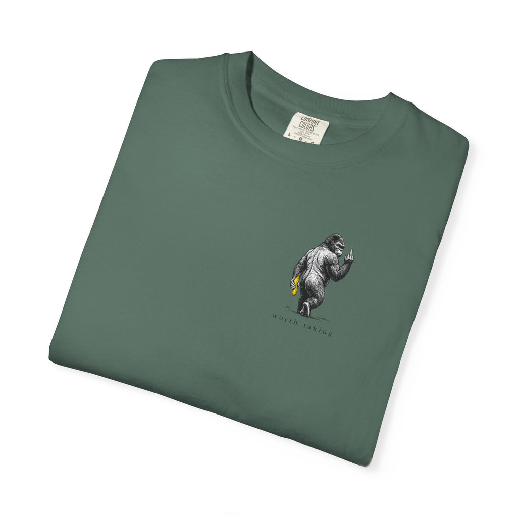 Gorilla 'Worth Taking' T-Shirt — Gorilla Walking Away Giving Middle Finger with Bananas