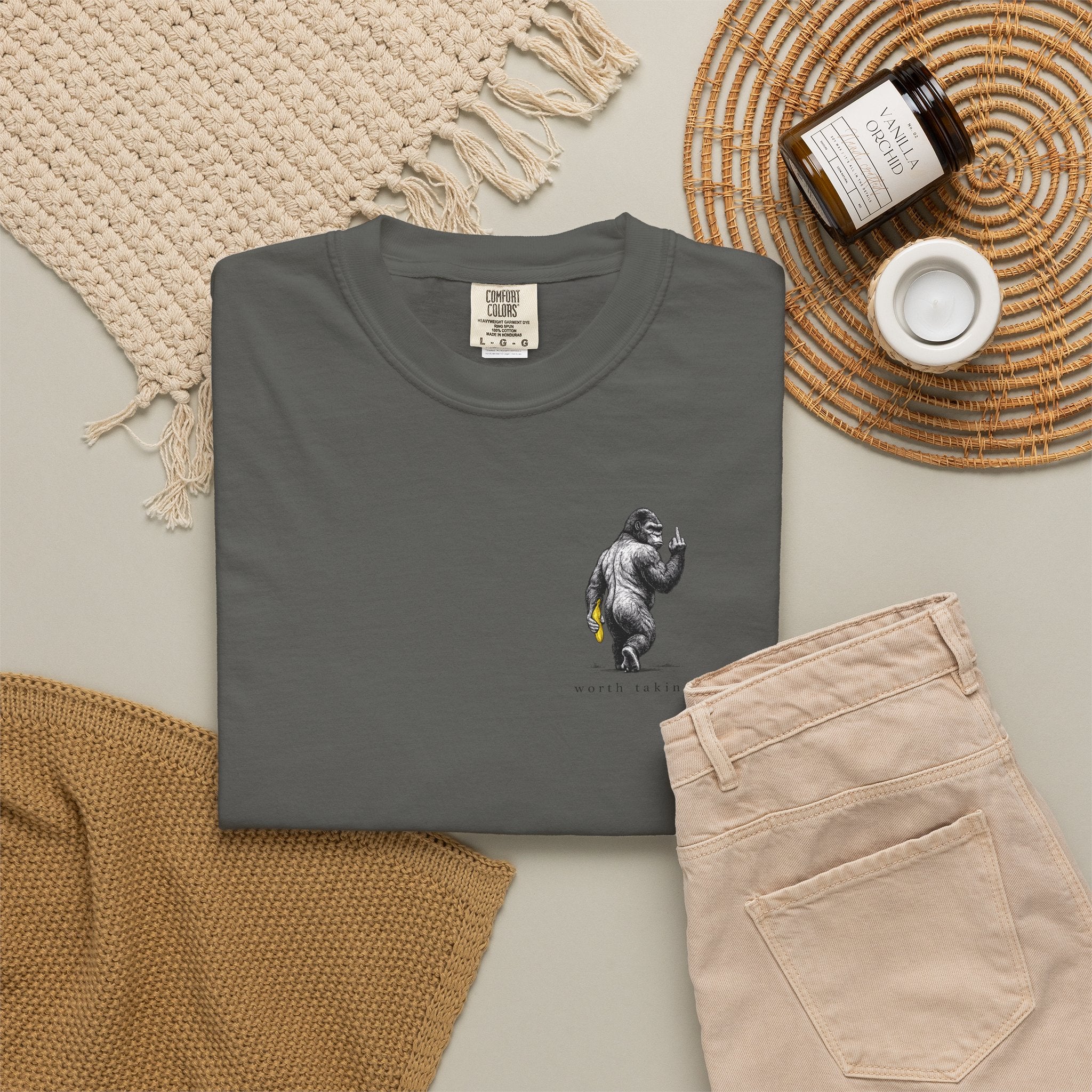 Gorilla 'Worth Taking' T-Shirt — Gorilla Walking Away Giving Middle Finger with Bananas