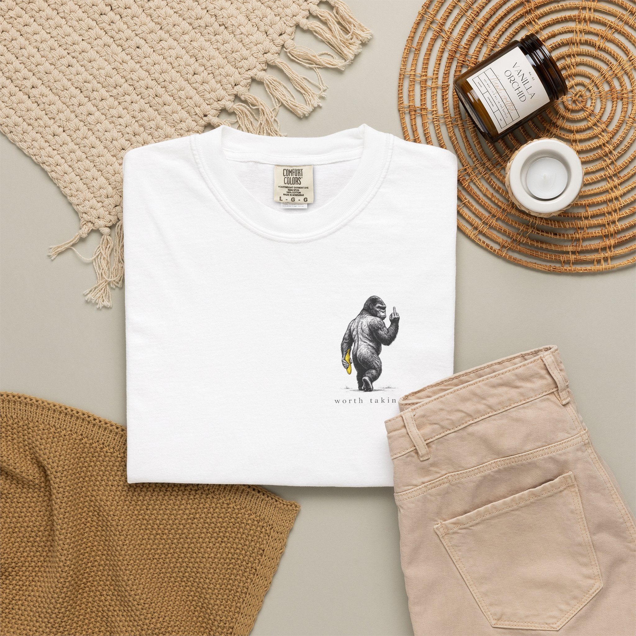 Gorilla 'Worth Taking' T-Shirt — Gorilla Walking Away Giving Middle Finger with Bananas